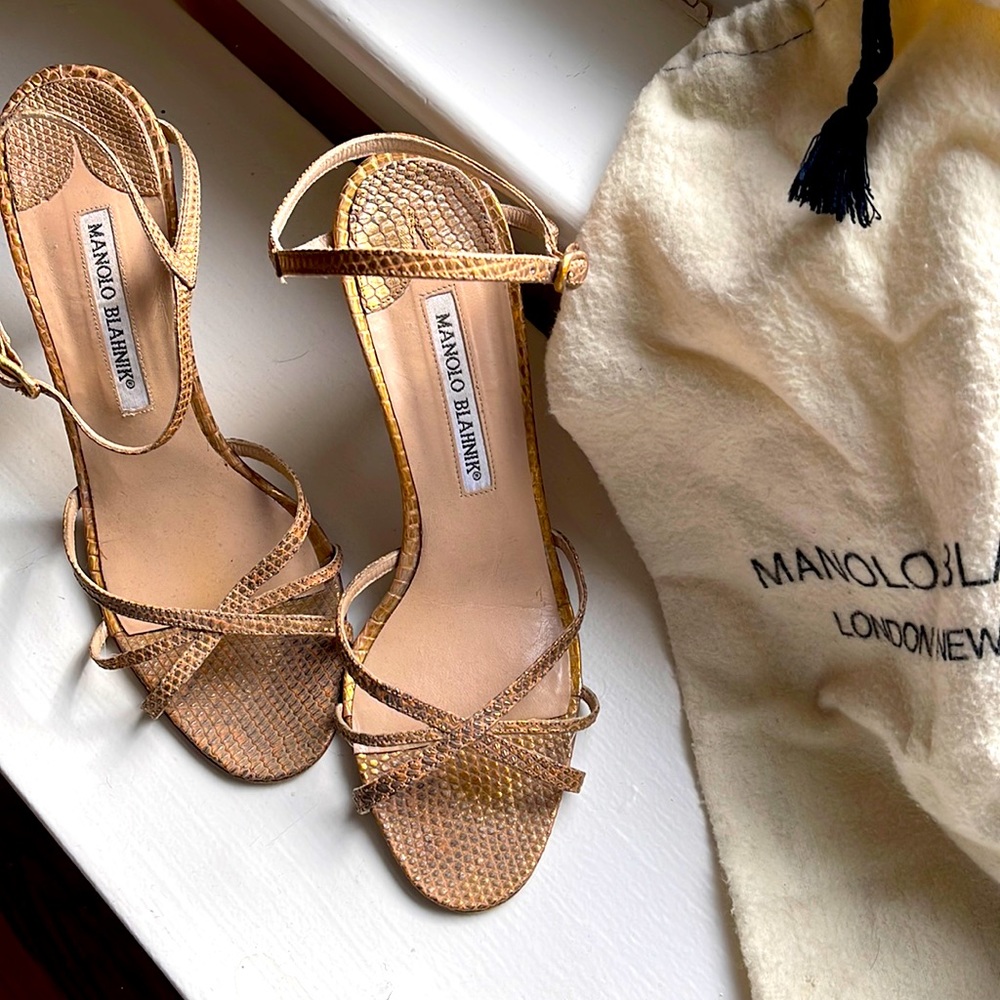 Manolo Blahnik Gold Metallic Snake-Texture Strappy Heels